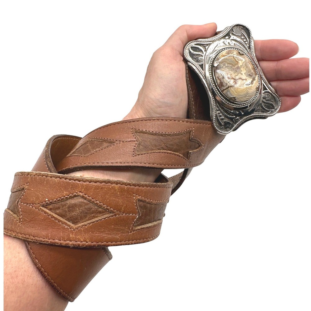 Vintage Justin Western Leather Belt Ornate Silver Agate Stone Buckle Cowboy 40